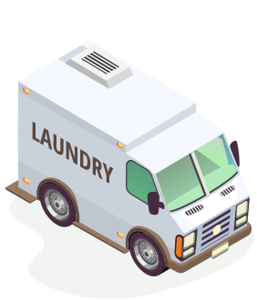 A white van with the word 'Laundry' printed on the side of it.