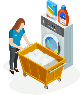 An icon of a woman with a large laundry trolley full of washing in front of a washing machine.