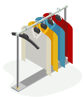 A clothes rack with 4 clean shirts handing on it.